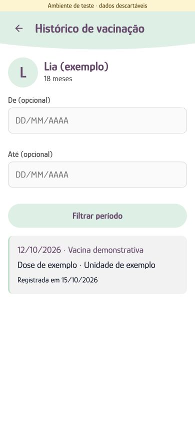 Tela real de Histórico de vacinação com campos de período e o registro fictício de uma aplicação de Lia.