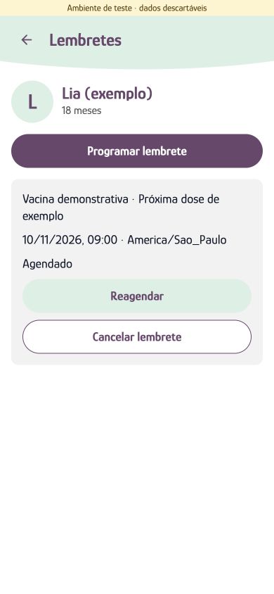 Tela real de Lembretes com um compromisso fictício agendado e as ações Programar lembrete, Reagendar e Cancelar lembrete.